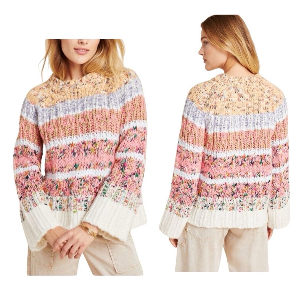 Anthropologie Kahlo Sweater Chunky Striped Knit Alpaca Wool Blend Rainbow Medium